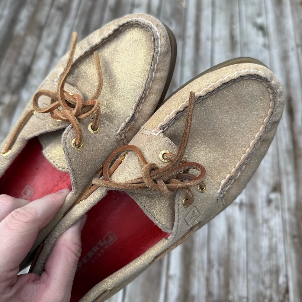 Sperry Tan/Gold Shimmer Suede Boat Shoes